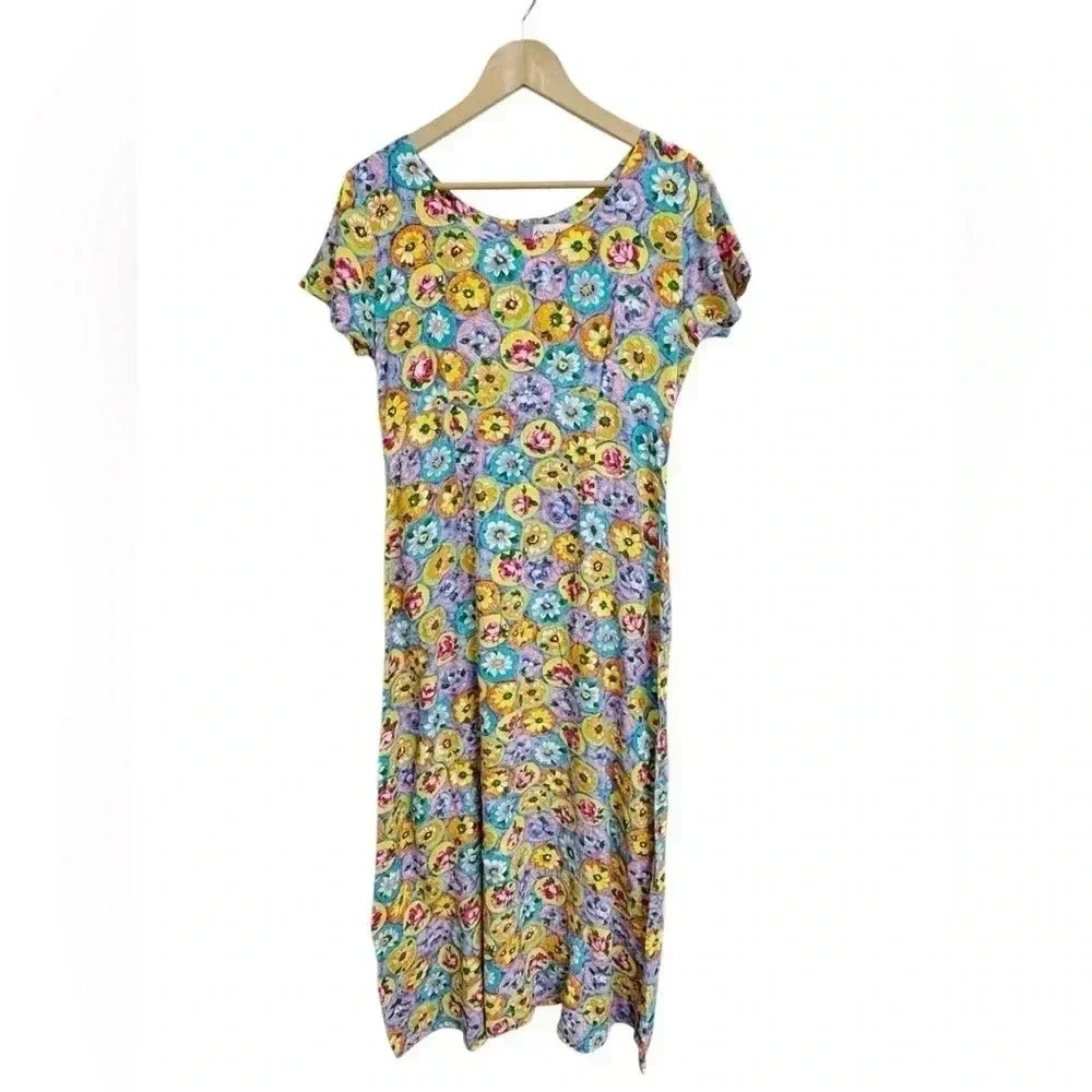 Vintage Jams World Floral Maxi Dress Colorful 100% Rayon Size Large